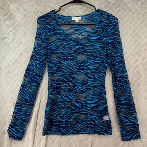 Zenana Outfitters Womens M Top Blue Zebra Stripe Sheer Long Sleeve Scoop Neck